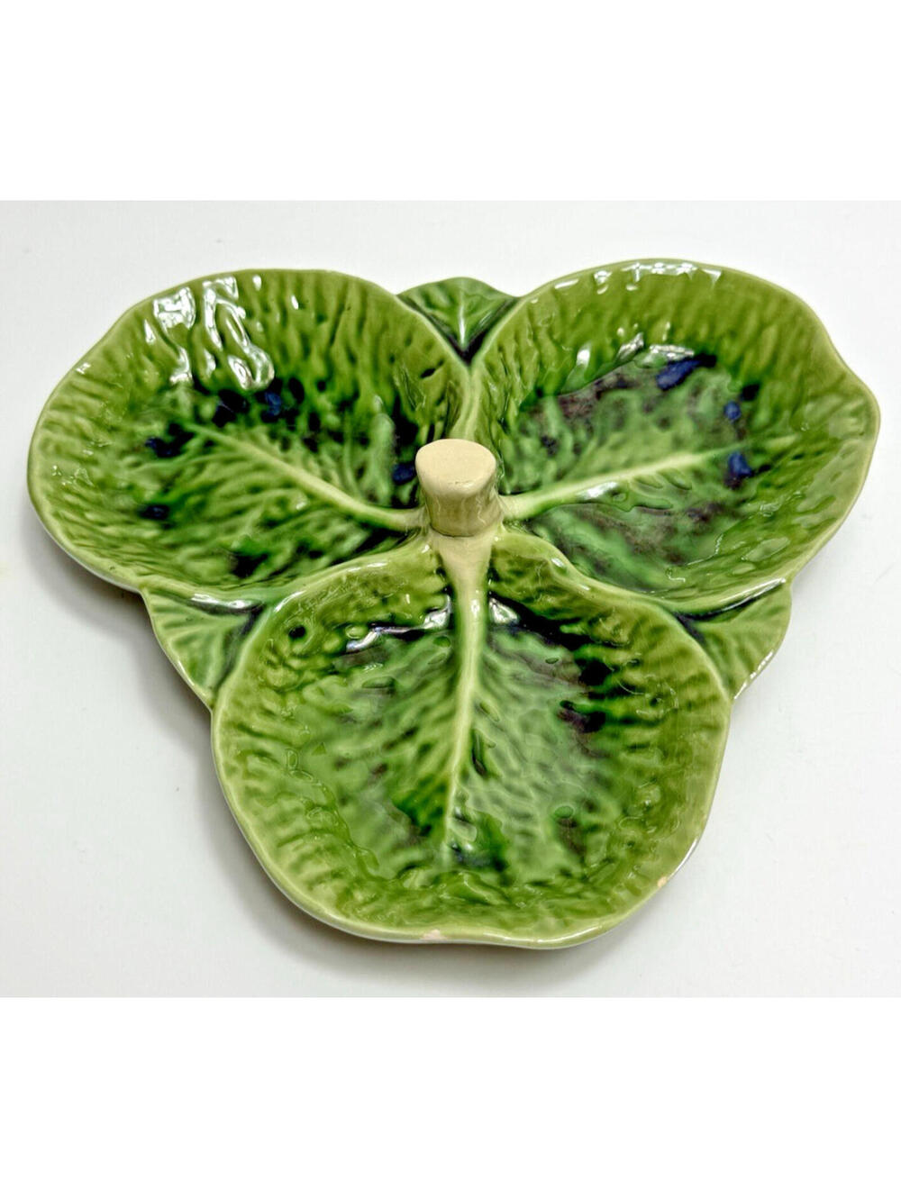 Vtg Green Cabbage Lettuce Leaf 3 Part Serving Dainty Tray Portugal Majolica